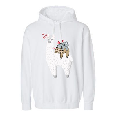 Llama And Lazy Sloth With Koala Mama Bear Valentines Gift Garment-Dyed Fleece Hoodie