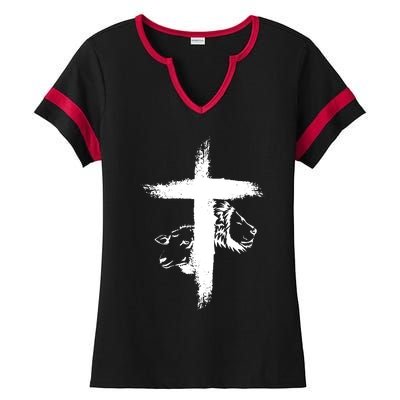 Lion And Lamb Cross Ladies Halftime Notch Neck Tee