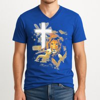Lion And Lamb Cross Jesus Christ V-Neck T-Shirt