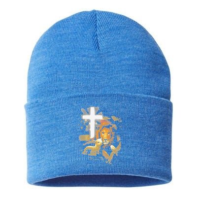 Lion And Lamb Cross Jesus Christ Sustainable Knit Beanie