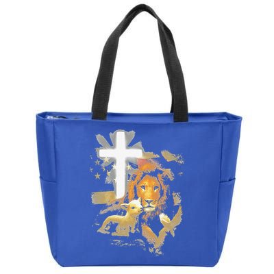 Lion And Lamb Cross Jesus Christ Zip Tote Bag