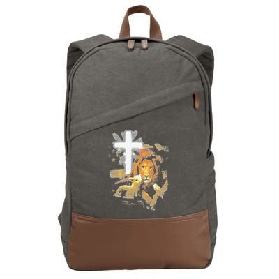 Lion And Lamb Cross Jesus Christ Cotton Canvas Backpack