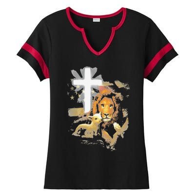 Lion And Lamb Cross Jesus Christ Ladies Halftime Notch Neck Tee