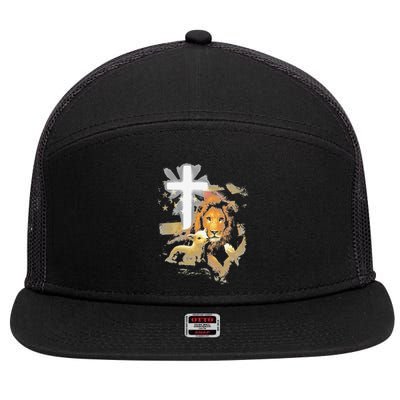 Lion And Lamb Cross Jesus Christ 7 Panel Mesh Trucker Snapback Hat