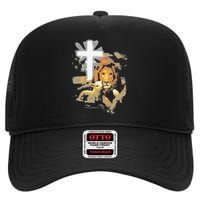 Lion And Lamb Cross Jesus Christ High Crown Mesh Back Trucker Hat