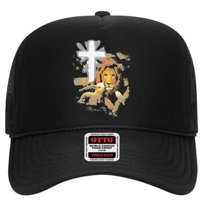 Lion And Lamb Cross Jesus Christ High Crown Mesh Back Trucker Hat