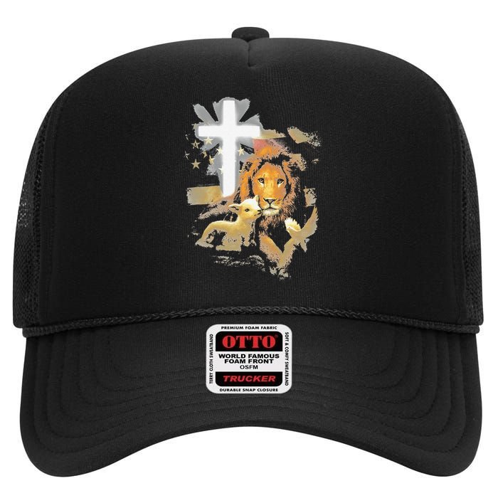 Lion And Lamb Cross Jesus Christ High Crown Mesh Back Trucker Hat