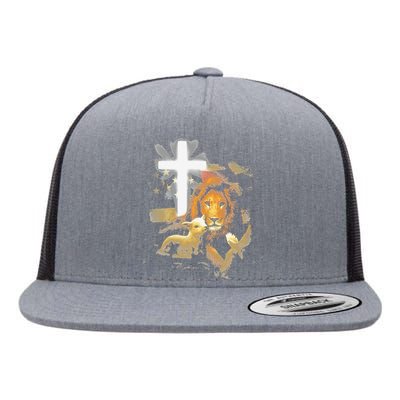 Lion And Lamb Cross Jesus Christ Flat Bill Trucker Hat