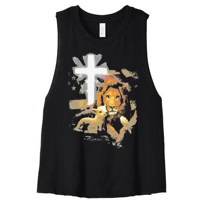 Lion And Lamb Cross Jesus Christ Women's Racerback Cropped Tank