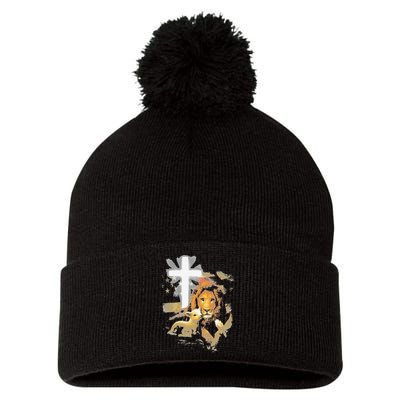 Lion And Lamb Cross Jesus Christ Pom Pom 12in Knit Beanie