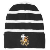 Lion And Lamb Cross Jesus Christ Striped Beanie with Solid Band