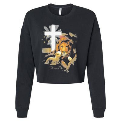 Lion And Lamb Cross Jesus Christ Cropped Pullover Crew