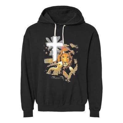 Lion And Lamb Cross Jesus Christ Garment-Dyed Fleece Hoodie