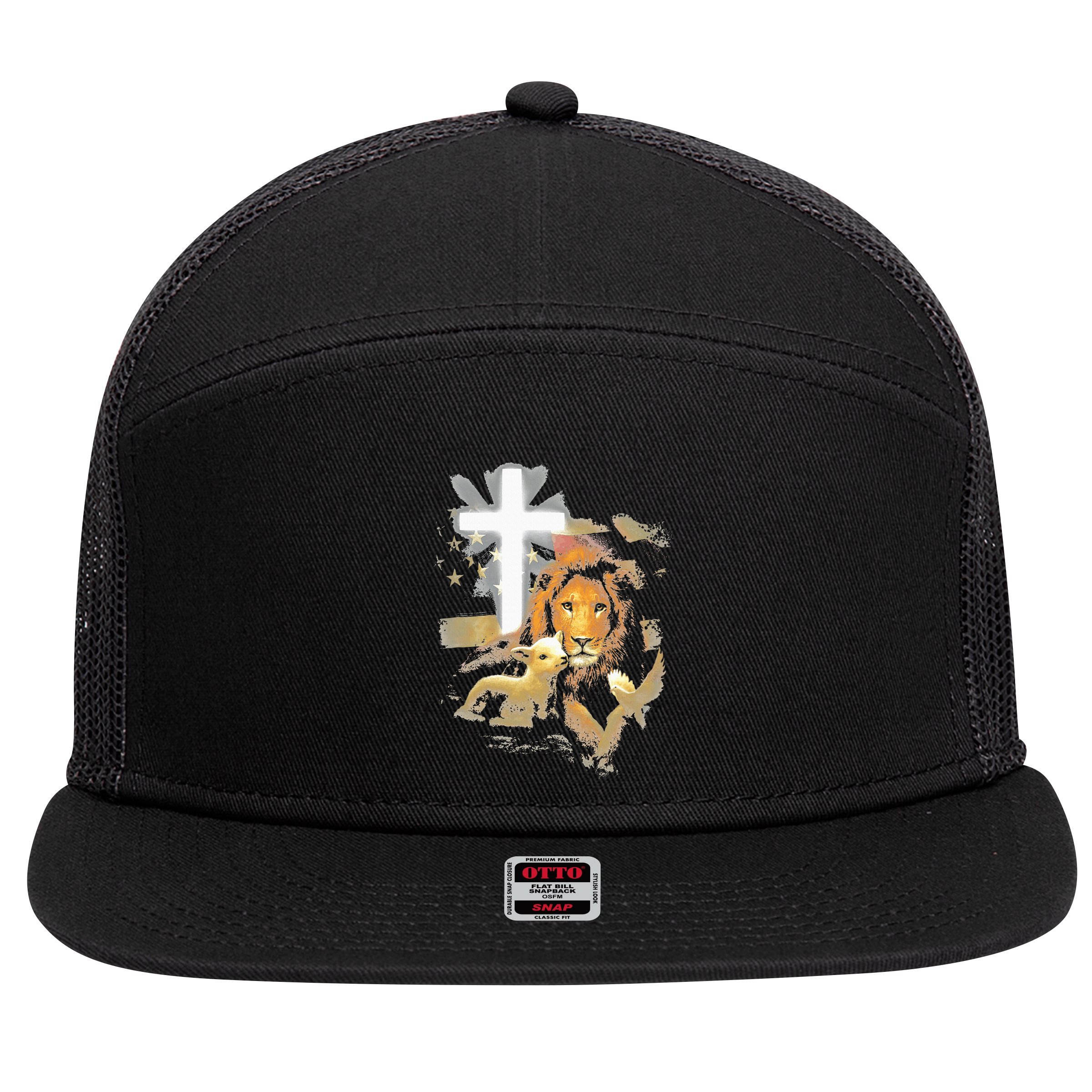 Lion And Lamb Cross Jesus Christ 7 Panel Mesh Trucker Snapback Hat