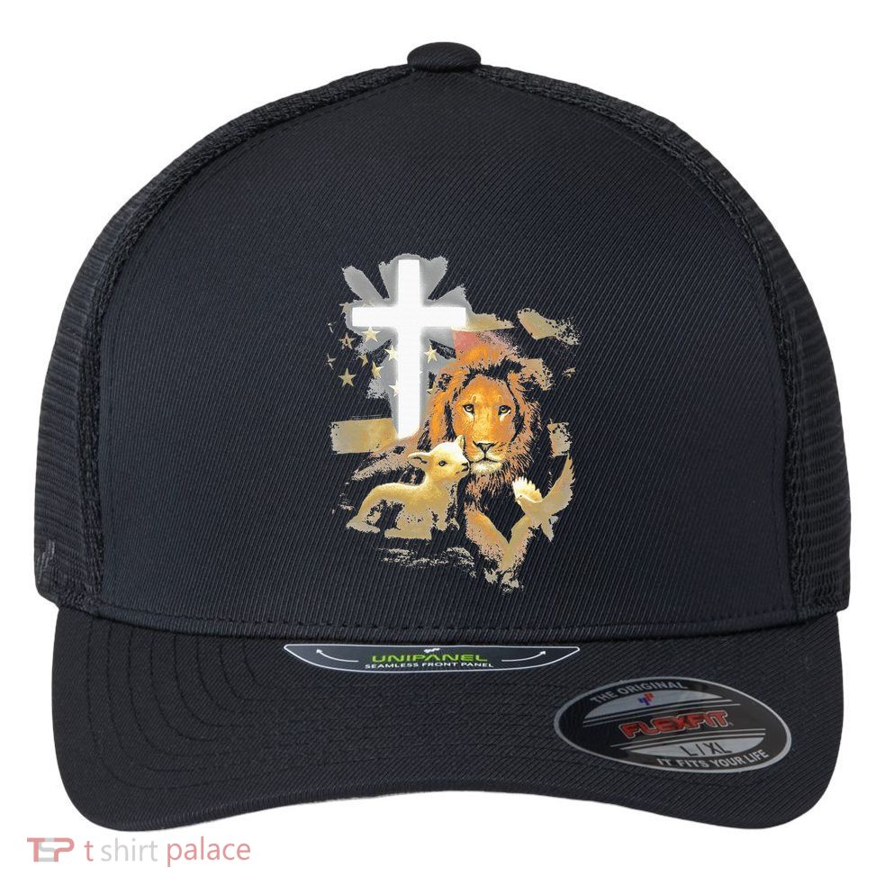 Lion And Lamb Cross Jesus Christ Flexfit Unipanel Trucker Cap
