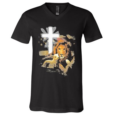 Lion And Lamb Cross Jesus Christ V-Neck T-Shirt