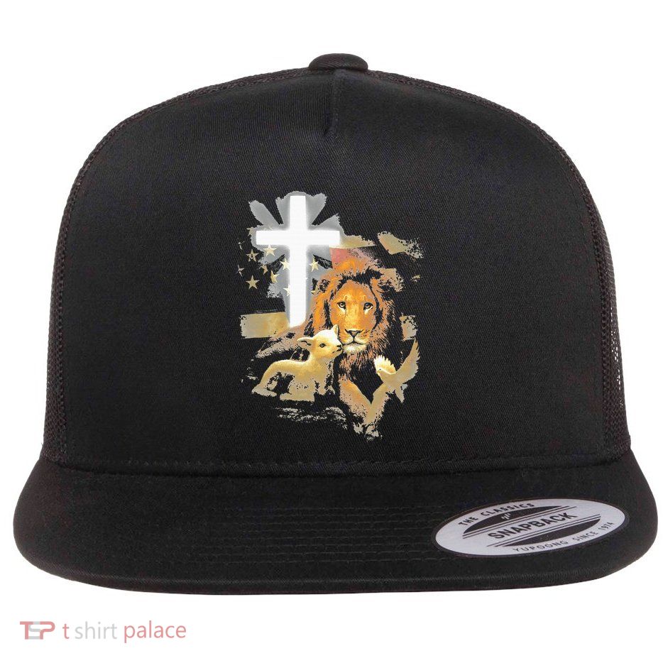 Lion And Lamb Cross Jesus Christ Flat Bill Trucker Hat
