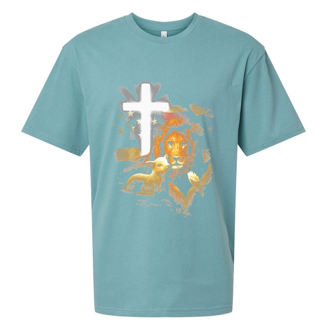 Lion And Lamb Cross Jesus Christ Sueded Cloud Jersey T-Shirt
