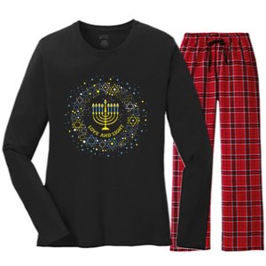 Love And Light Hanukkah Jew Menorah Jewish Chanukah Women's Long Sleeve Flannel Pajama Set 