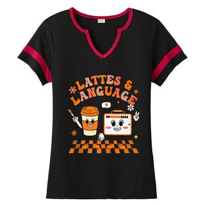 Lattes And Language Speech Therapy Sped Teachers SLP Fall Ladies Halftime Notch Neck Tee