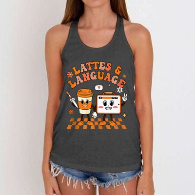 Lattes And Language Speech Therapy Sped Teachers SLP Fall Women's Knotted Racerback Tank