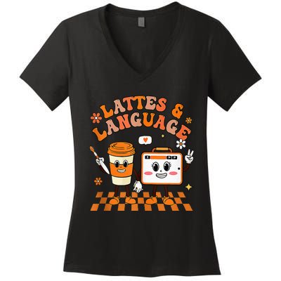 Lattes And Language Speech Therapy Sped Teachers SLP Fall Women's V-Neck T-Shirt