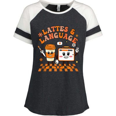 Lattes And Language Speech Therapy Sped Teachers SLP Fall Enza Ladies Jersey Colorblock Tee