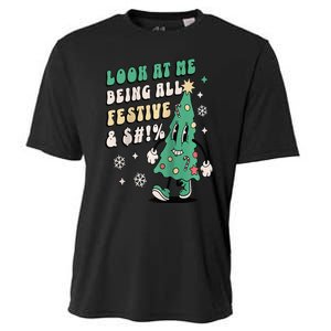 Look At Me Being All Festive Funny Retro Christmas Tree Cooling Performance Crew T-Shirt