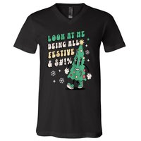 Look At Me Being All Festive Funny Retro Christmas Tree V-Neck T-Shirt