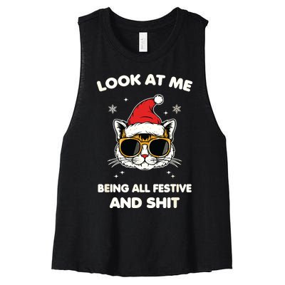 Look At Me Being All Festive And Shits Cat Xmas Women's Racerback Cropped Tank