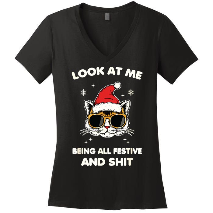 Look At Me Being All Festive And Shits Cat Xmas Women's V-Neck T-Shirt