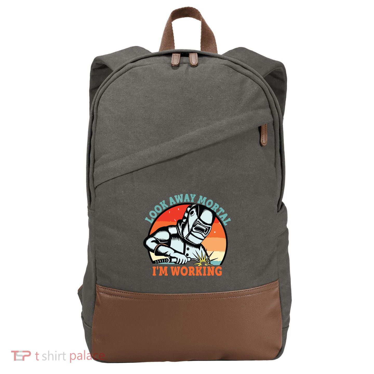 Look Away Mortal I'm Working Funny Welder Vintage Cotton Canvas Backpack
