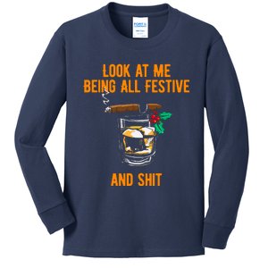 Look At Me Being Festive And Shit Christmas Pun Drinking Kids Long Sleeve Shirt