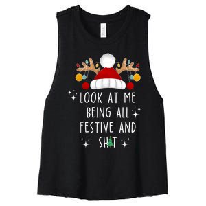 Look At Me Being All Festive And Shit Funny Christmas Tree Women's Racerback Cropped Tank