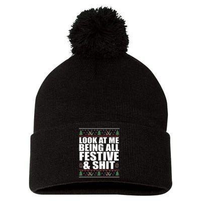 LOOK AT ME BEING ALL FESTIVE & SHIT Funny Ugly Sweater Meme Pom Pom 12in Knit Beanie