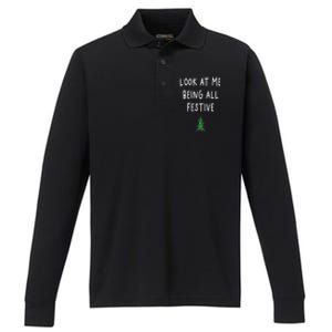 Look At Me Being All Festive Christmas Tree Graphic Xmas Performance Long Sleeve Polo