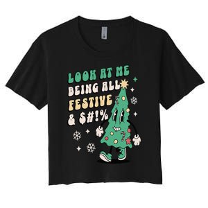 Look At Me Being All Festive Funny Retro Christmas Tree Women's Crop Top Tee