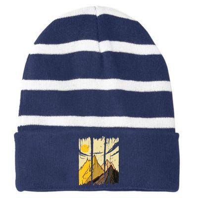 Landscape Sunset Mountain Striped Beanie with Solid Band