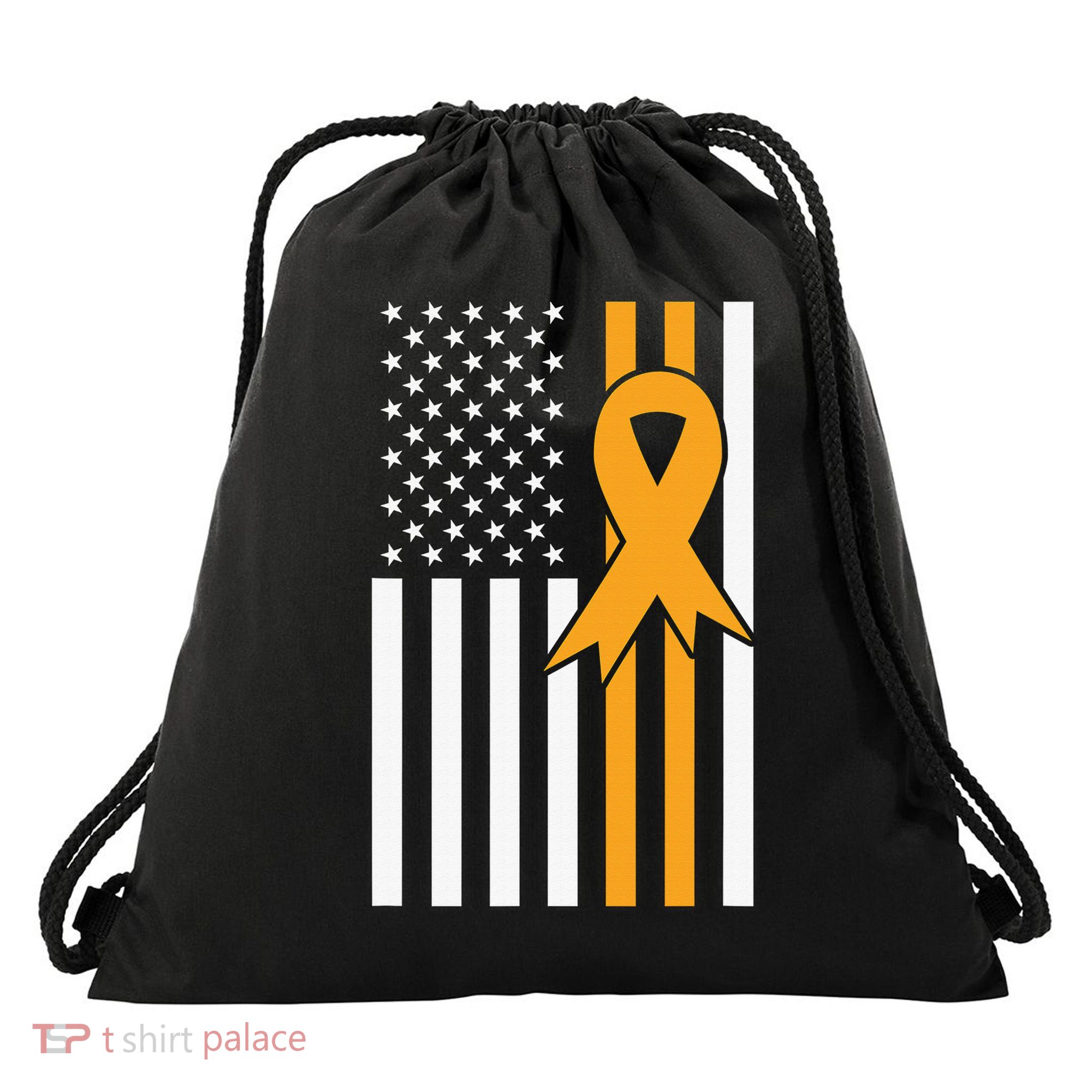 Leukemia Awareness Orange Ribbon USA American Flag Drawstring Bag