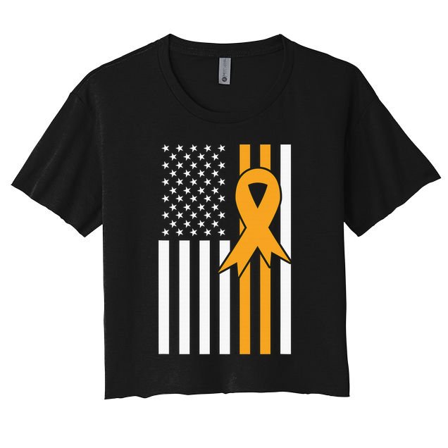 Leukemia Awareness Orange Ribbon USA American Flag Women's Crop Top Tee