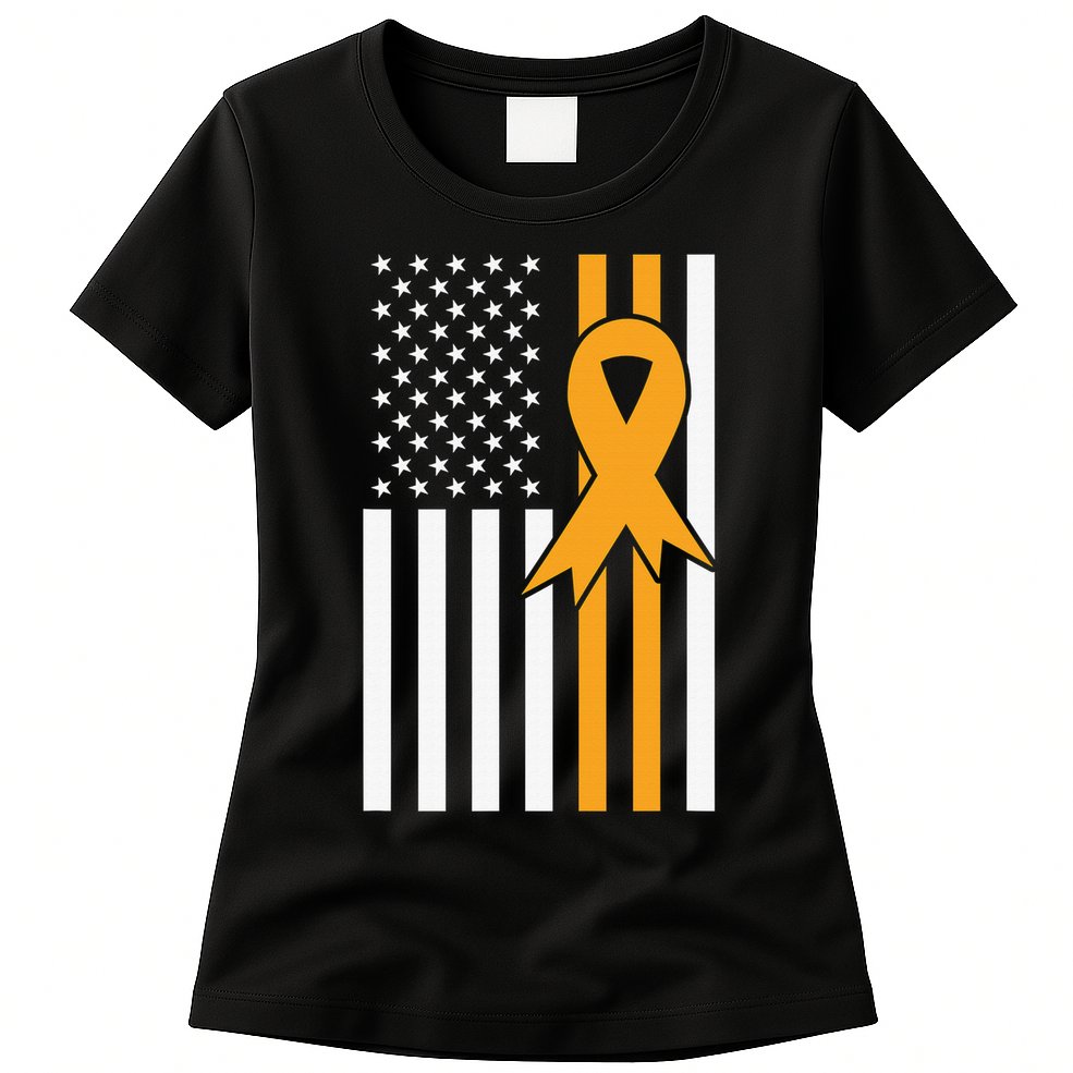 Leukemia Awareness Orange Ribbon USA American Flag Womens T-Shirt