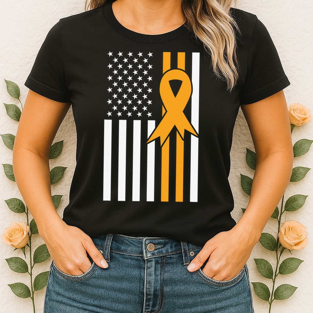 Leukemia Awareness Orange Ribbon USA American Flag Womens T-Shirt