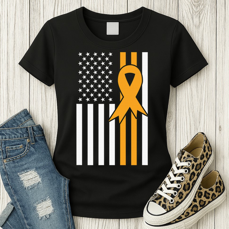 Leukemia Awareness Orange Ribbon USA American Flag Womens T-Shirt