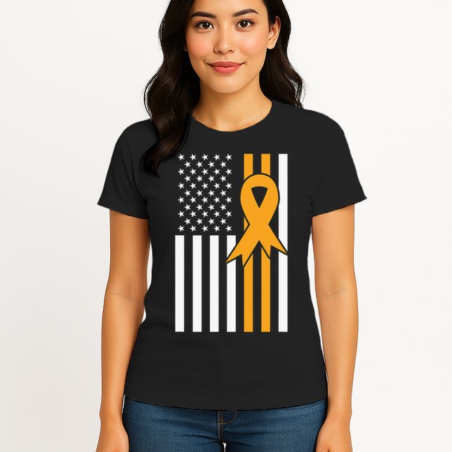 Leukemia Awareness Orange Ribbon USA American Flag Womens T-Shirt