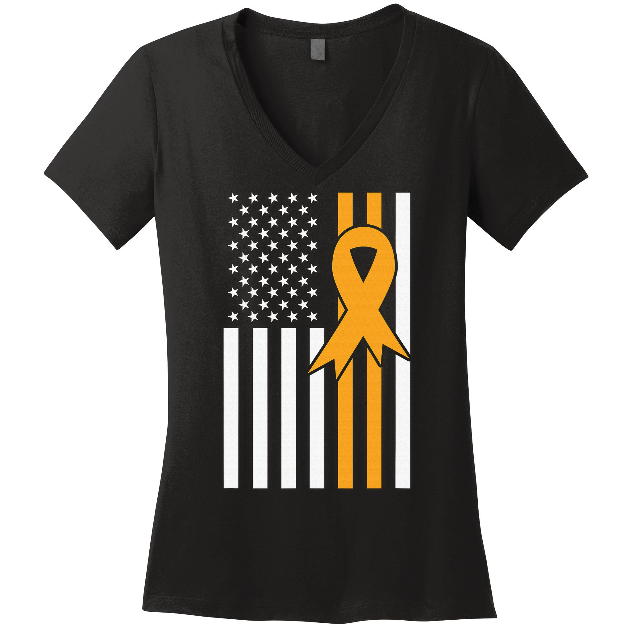 Leukemia Awareness Orange Ribbon USA American Flag Women's V-Neck T-Shirt