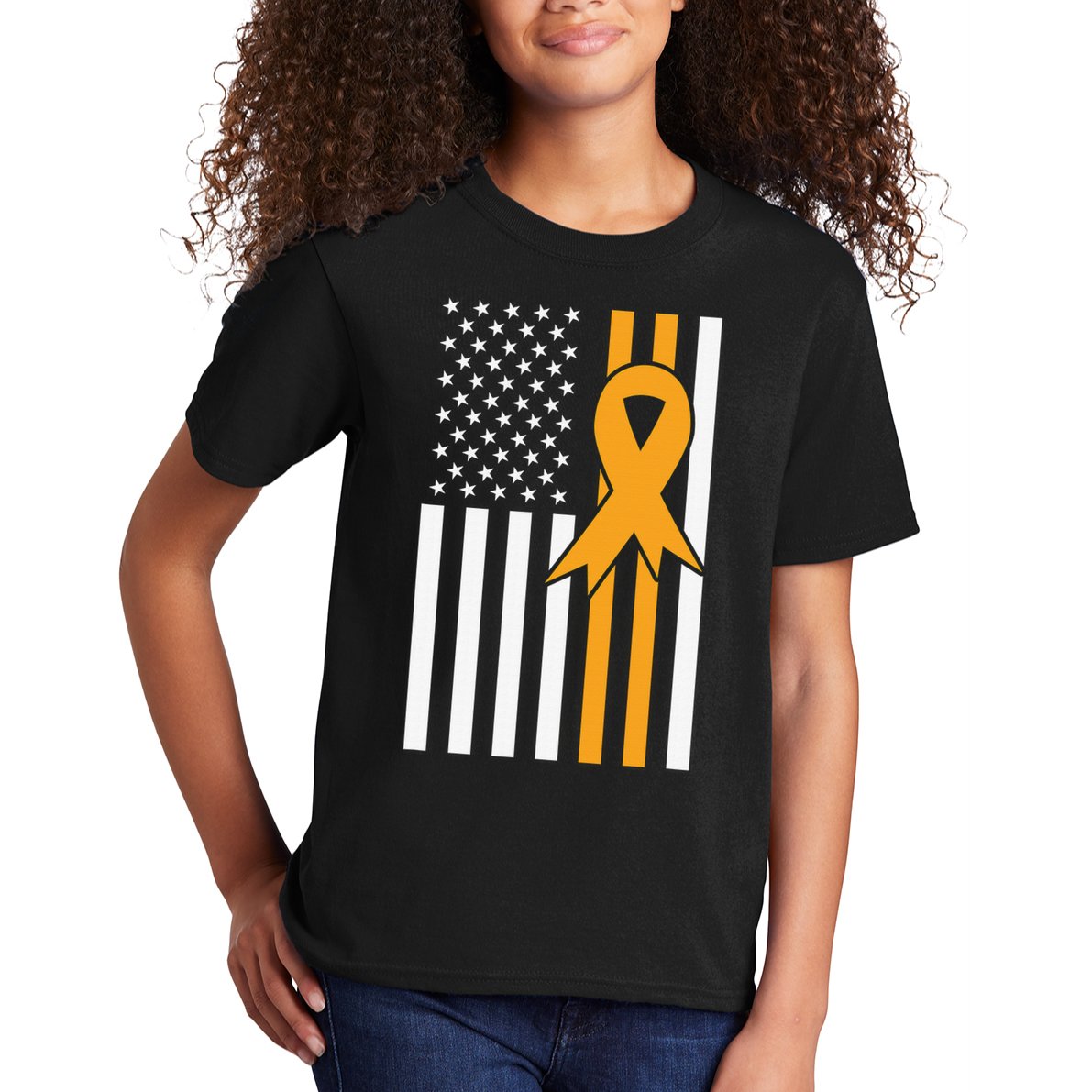 Leukemia Awareness Orange Ribbon USA American Flag Kids T-Shirt