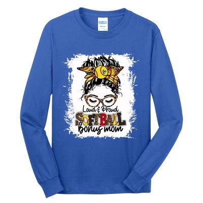 Loud And Proud Softball Bonus Mom Messy Bun Game Day Vibes Gift Tall Long Sleeve T-Shirt