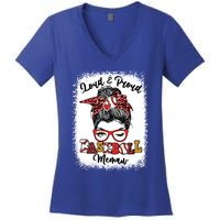 Loud And Proud Baseball Memaw Messy Bun Bleached Gift Women's V-Neck T-Shirt