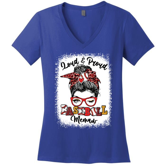 Loud And Proud Baseball Memaw Messy Bun Bleached Gift Women's V-Neck T-Shirt