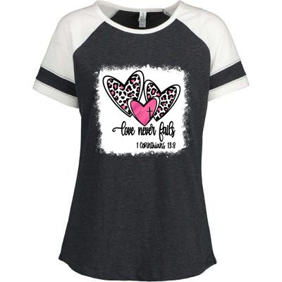 Leopard And Pink Heart Print Valentine Love Never Fails Funny Gift Enza Ladies Jersey Colorblock Tee